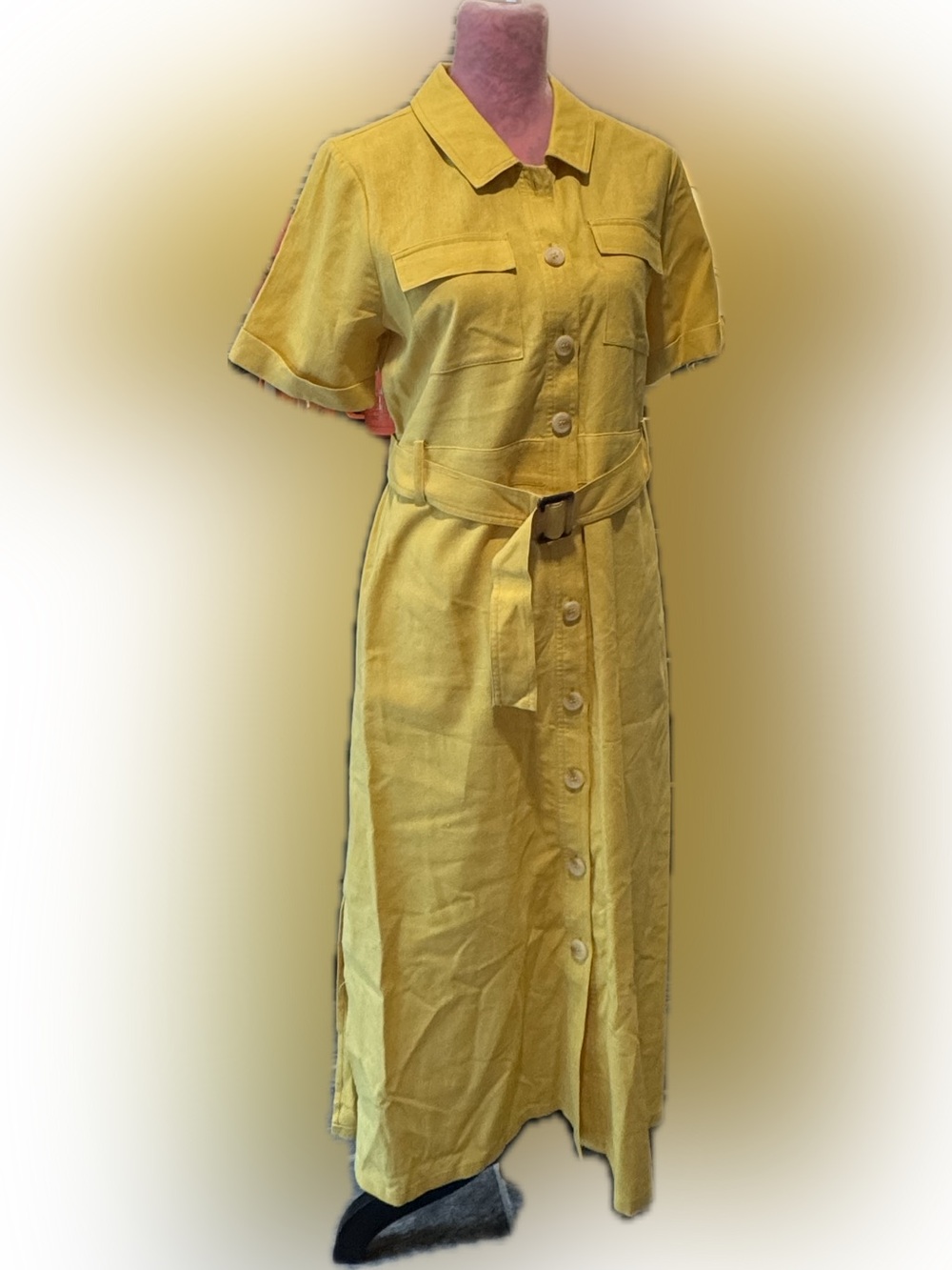 Yellow Button-Front Midi Shirt Dress with Self-Tie Belt